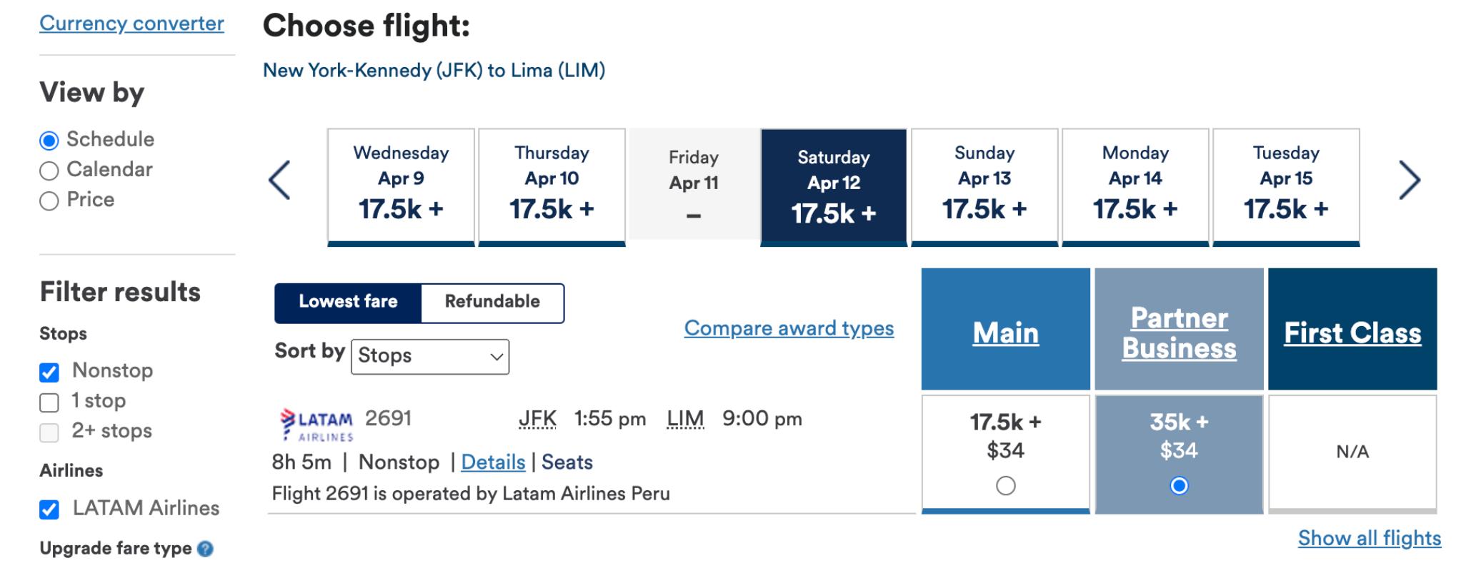 Alaska Airlines award flight from New York (JFK) to Lima (LIM) for 35,000 miles in business class